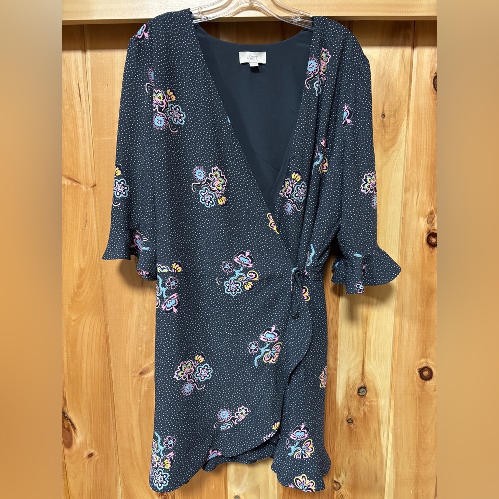 LOFT women's wrap romper dress/skort navy polka dot and floral print size 12